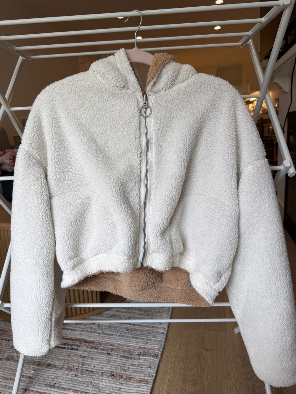 Hollister Medium Reversible Cozy Hooded Sherpa Jacket - Camel/Cream